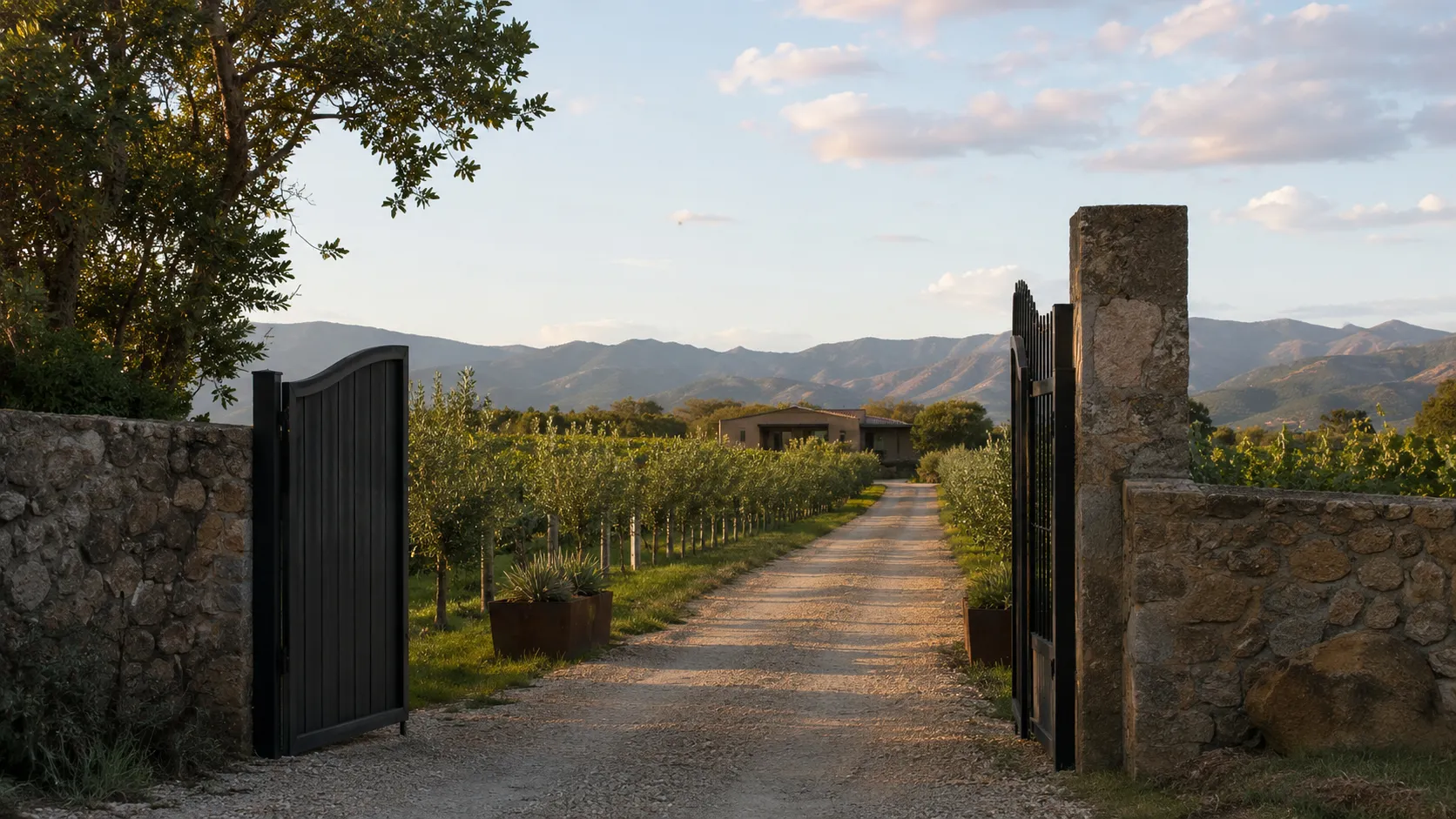 Arrival road toward a house among vineyards