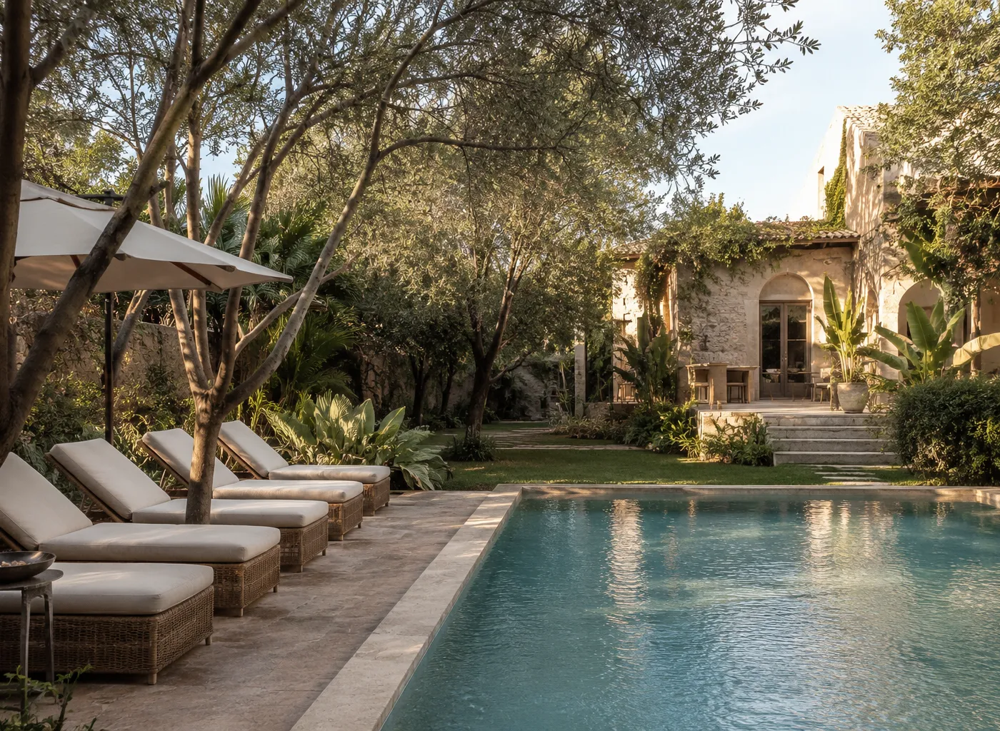 Jardín y piscina de un alojamiento boutique en un paisaje seco.