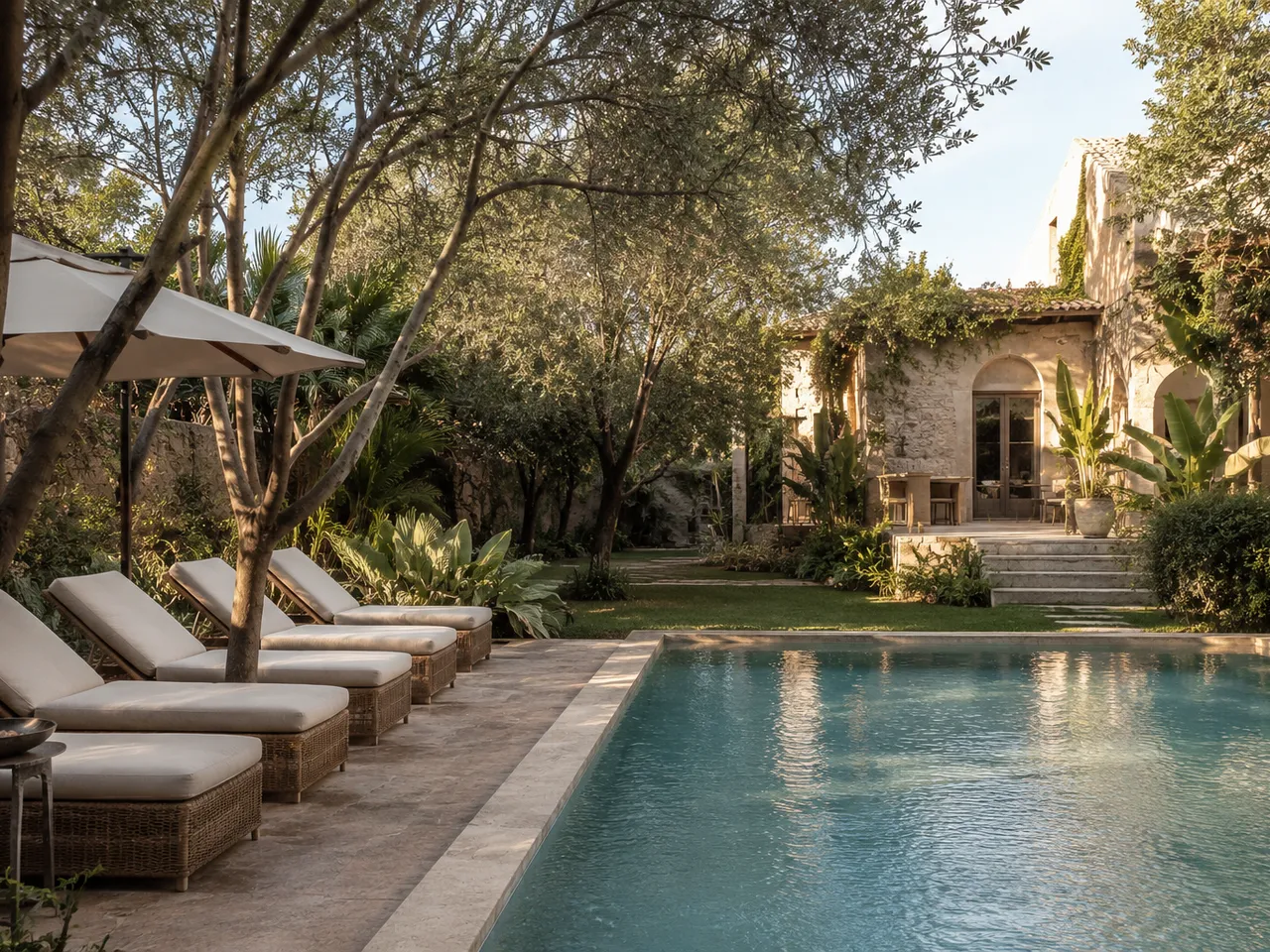 Jardín y piscina de un alojamiento boutique en un paisaje seco.