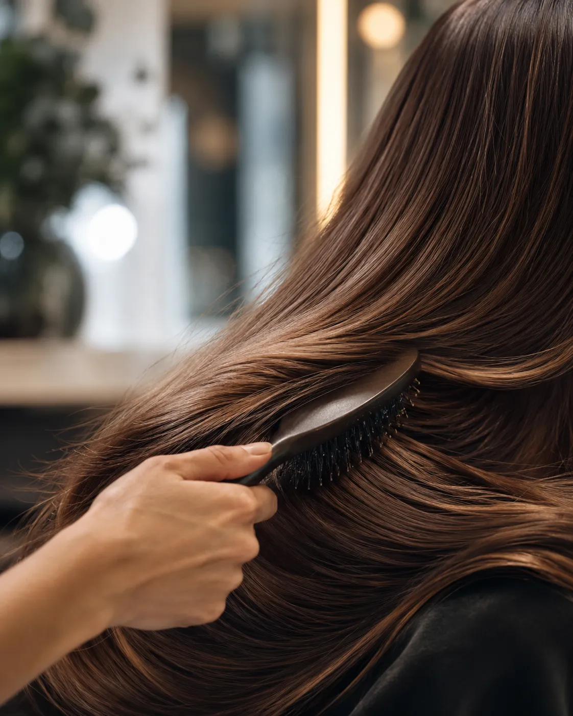Hair texture and a care gesture in a studio.