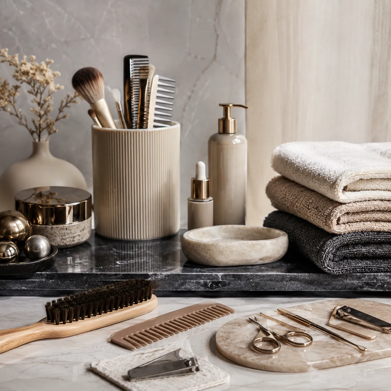 Beauty tools arranged before a visit.