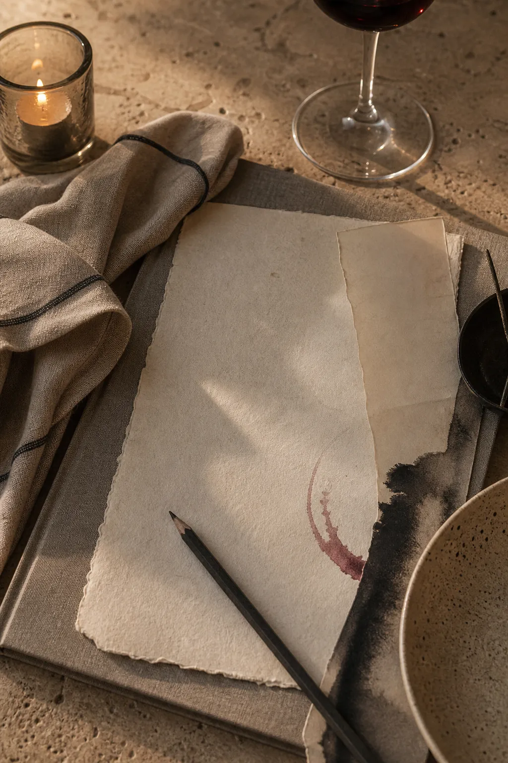 Printed menu, linen, and ceramic on a restaurant table.