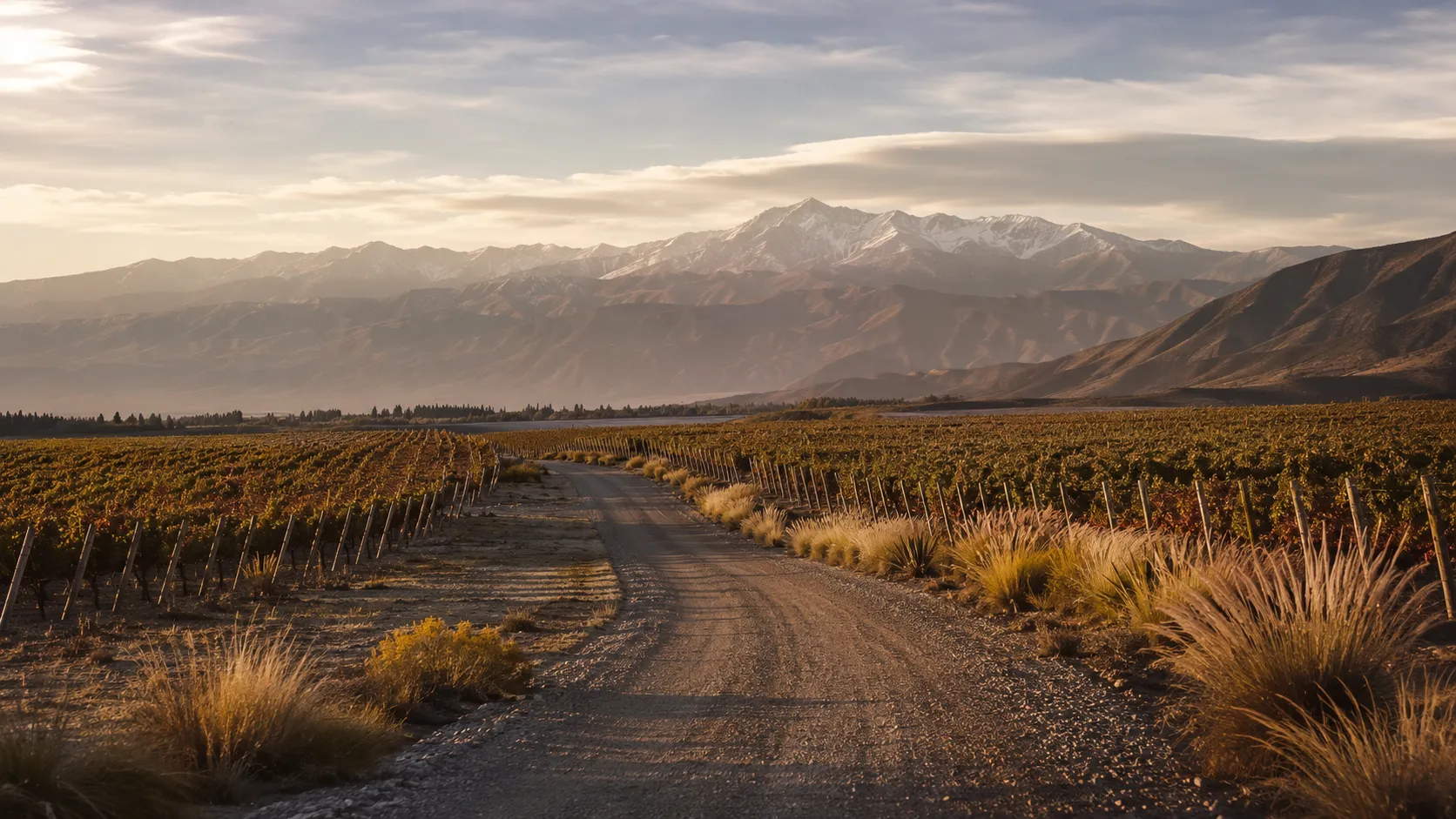 Wide Uco Valley route with mountains and vineyards