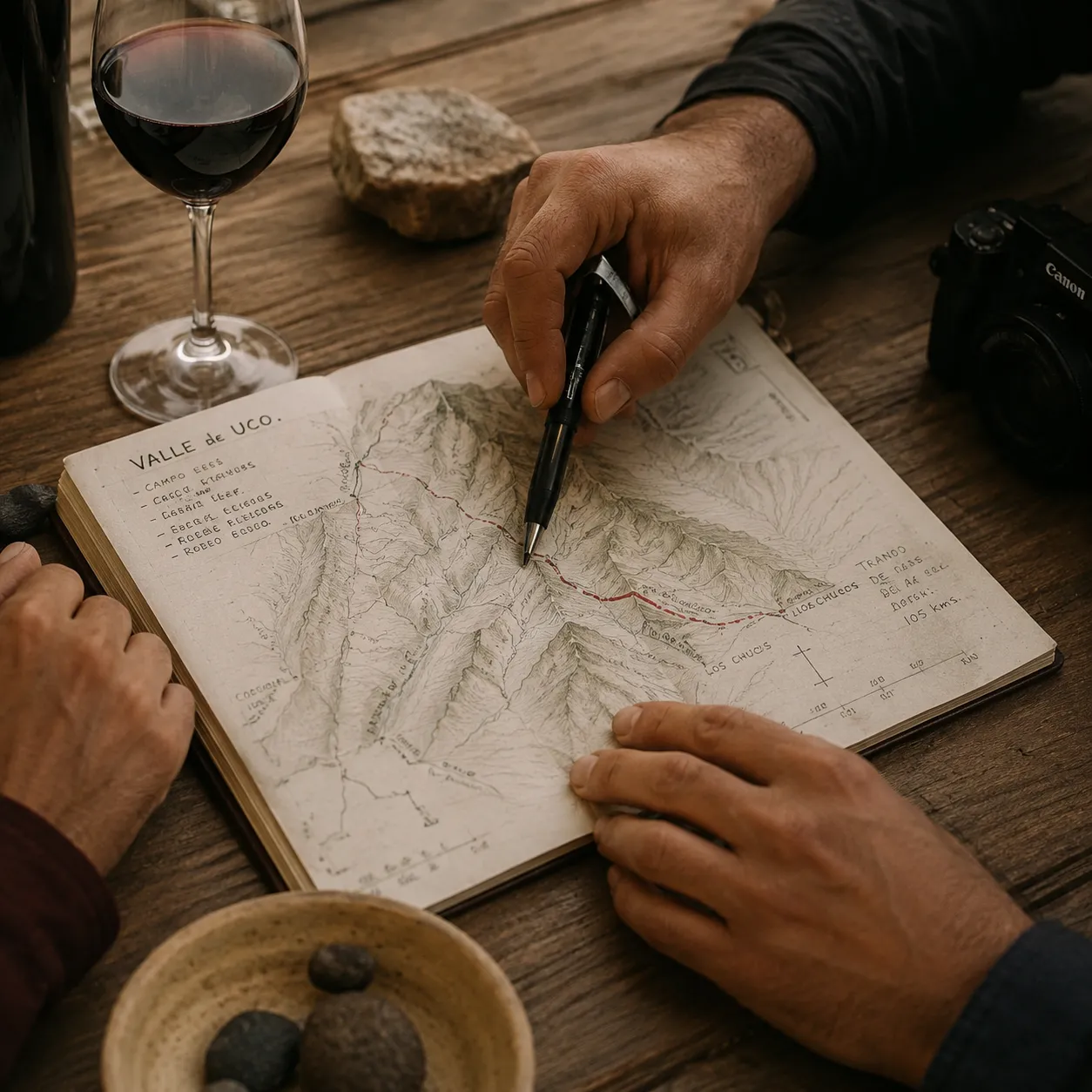 Hands reviewing a map and route notebook