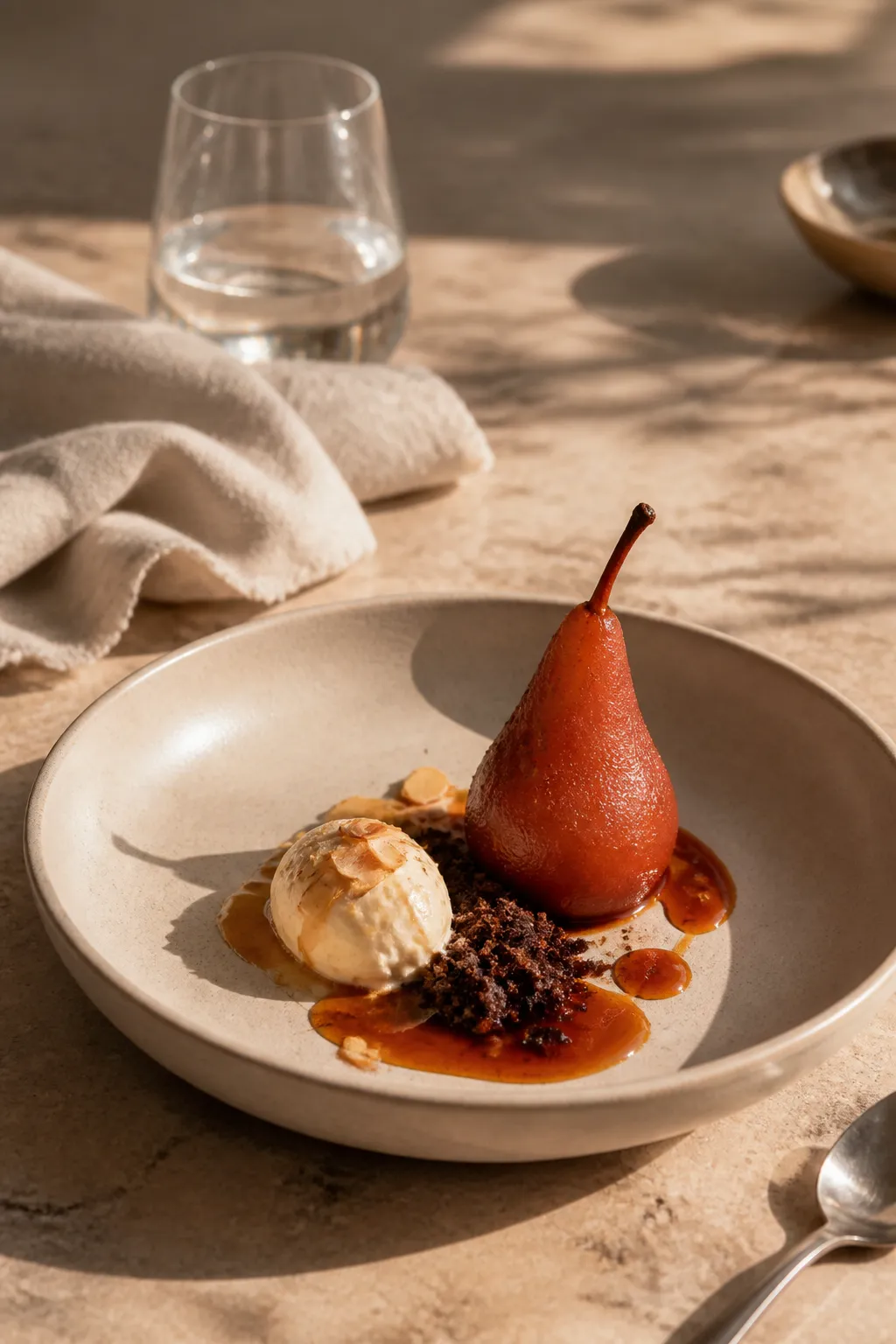Pear and almond dessert over a stone table.
