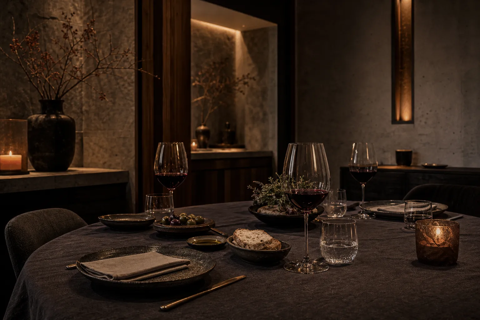 Table with shared plates, wine, and warm light.