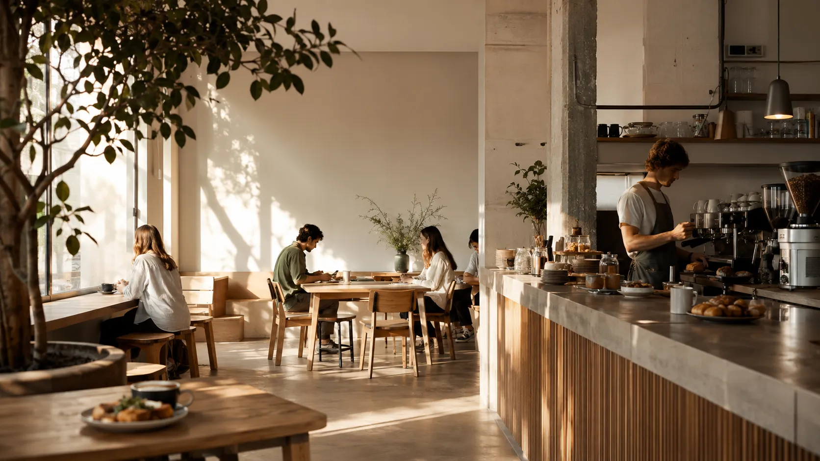 Café luminoso de mañana con mostrador y mesas listas.