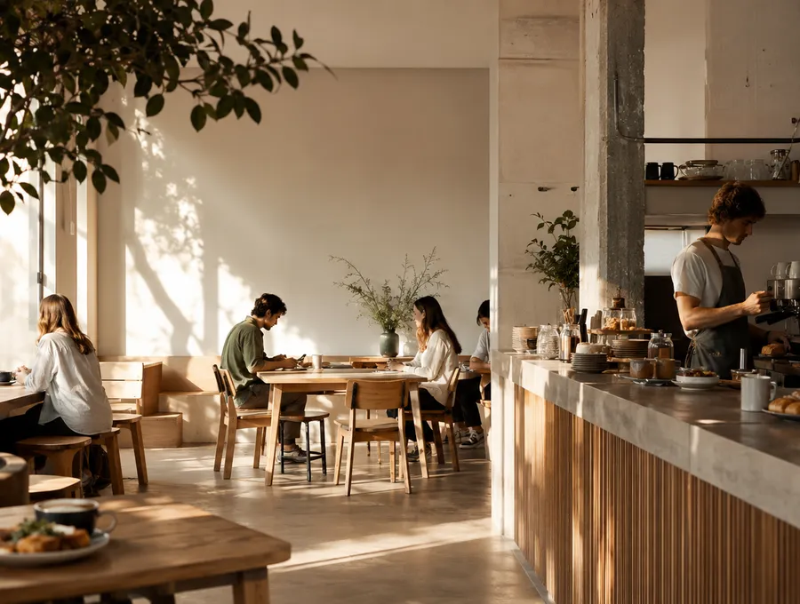 Cafetería luminosa de ciudad con barra y mesas de mañana.