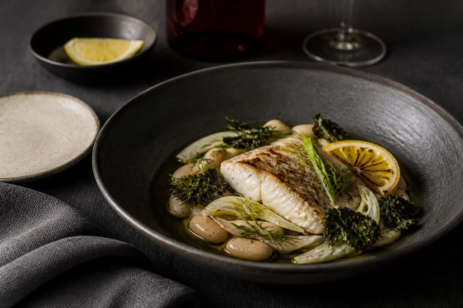 River fish dish with herbs on dark ceramic.