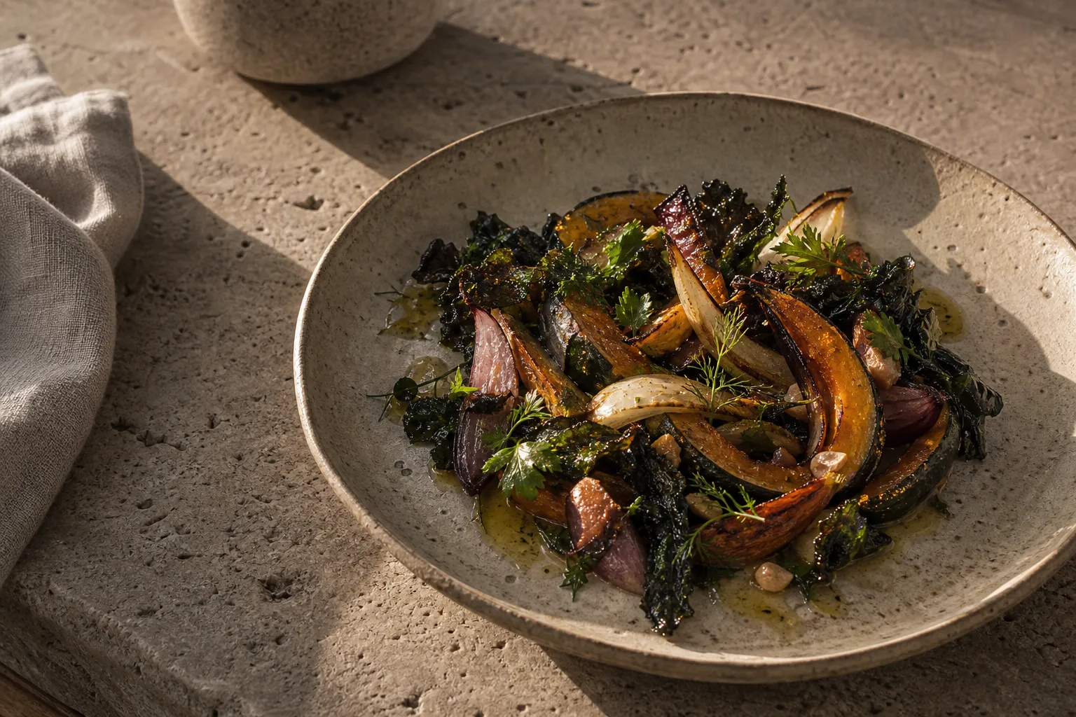 Seasonal vegetable dish on ceramic.