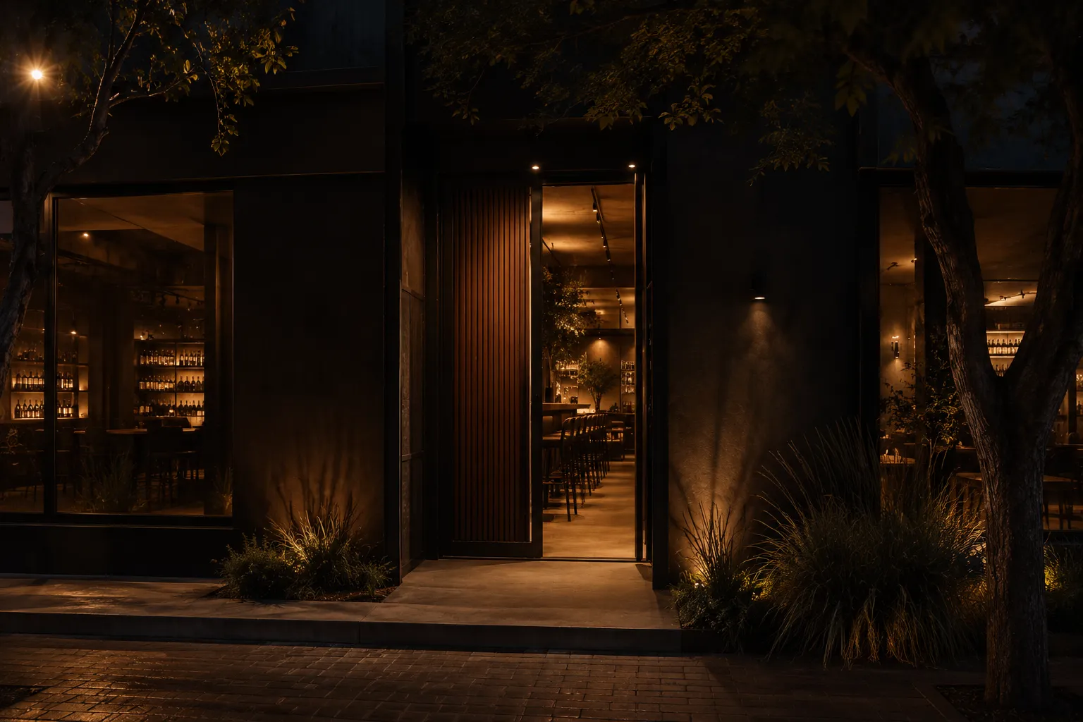 Night exterior arrival at a Mendoza wine-bar corner.