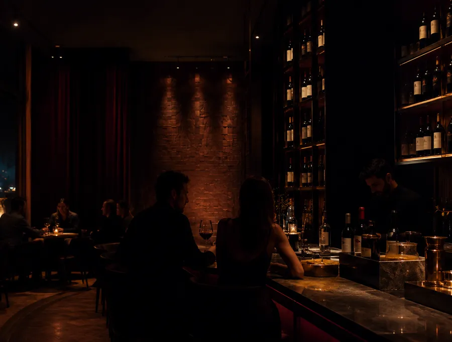 Interior nocturno de wine bar con luz baja y mesas preparadas.