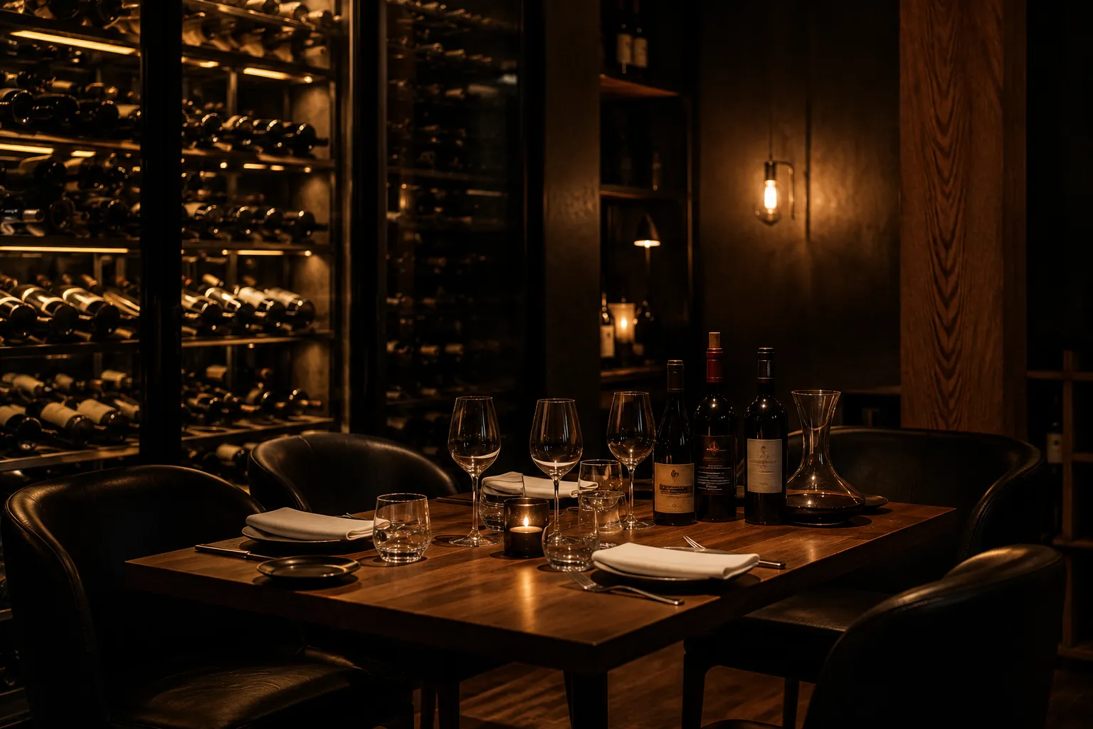 Private table prepared with glasses and night lighting.