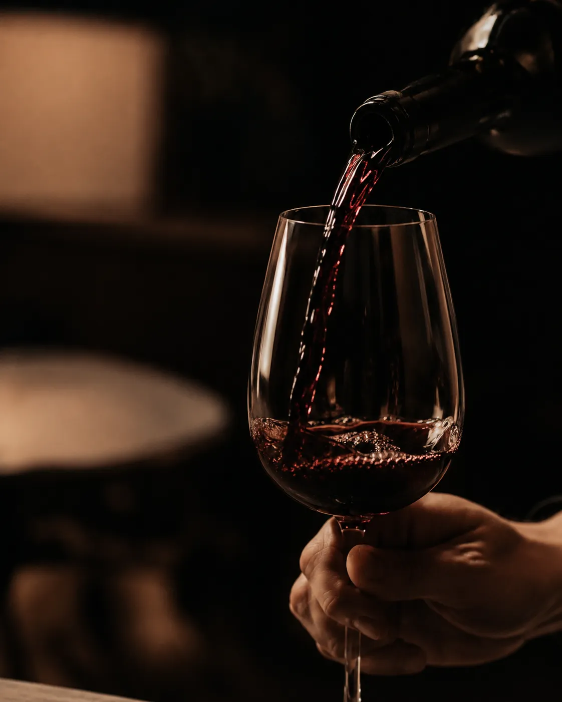 Wine poured into a glass in a night scene.